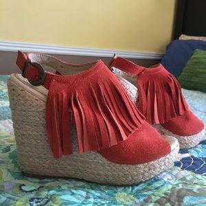 Orange Suede Fringe Wedges